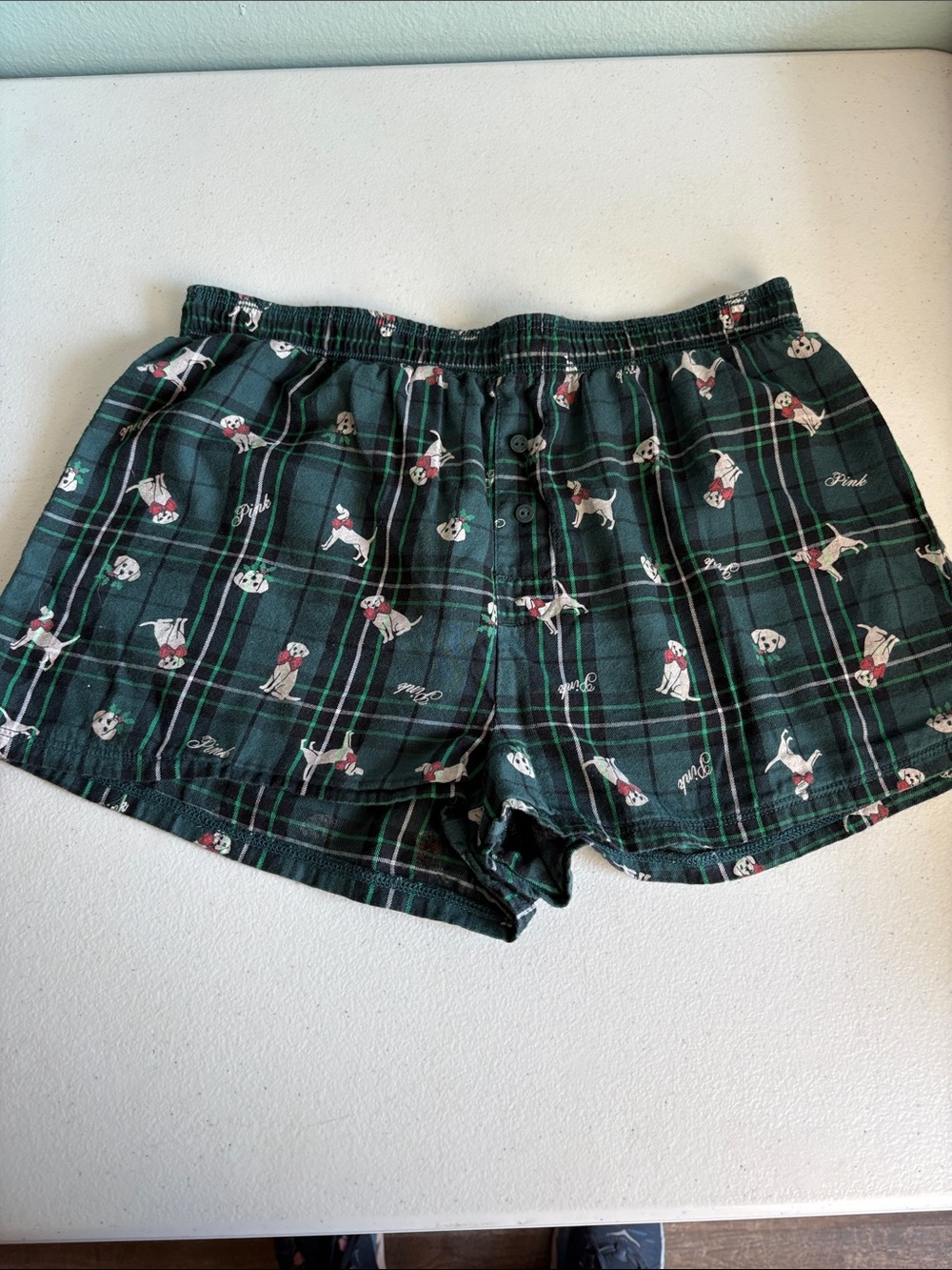 Victoriaโs Secret Womenโs Green Plaid Cotton Shorts with Dog Print Size XS